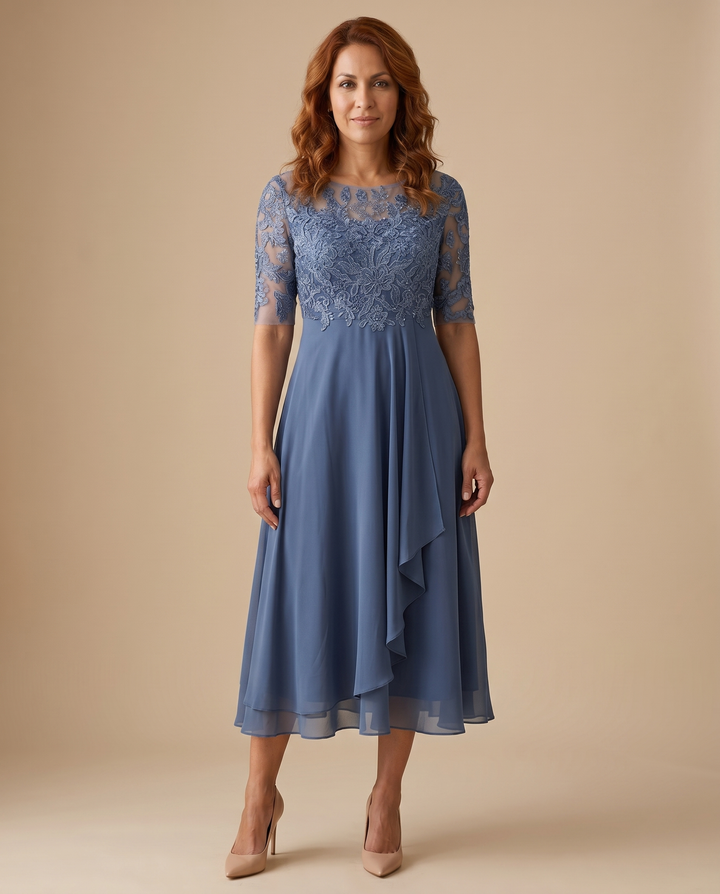 women's lace midi dress in blue, front