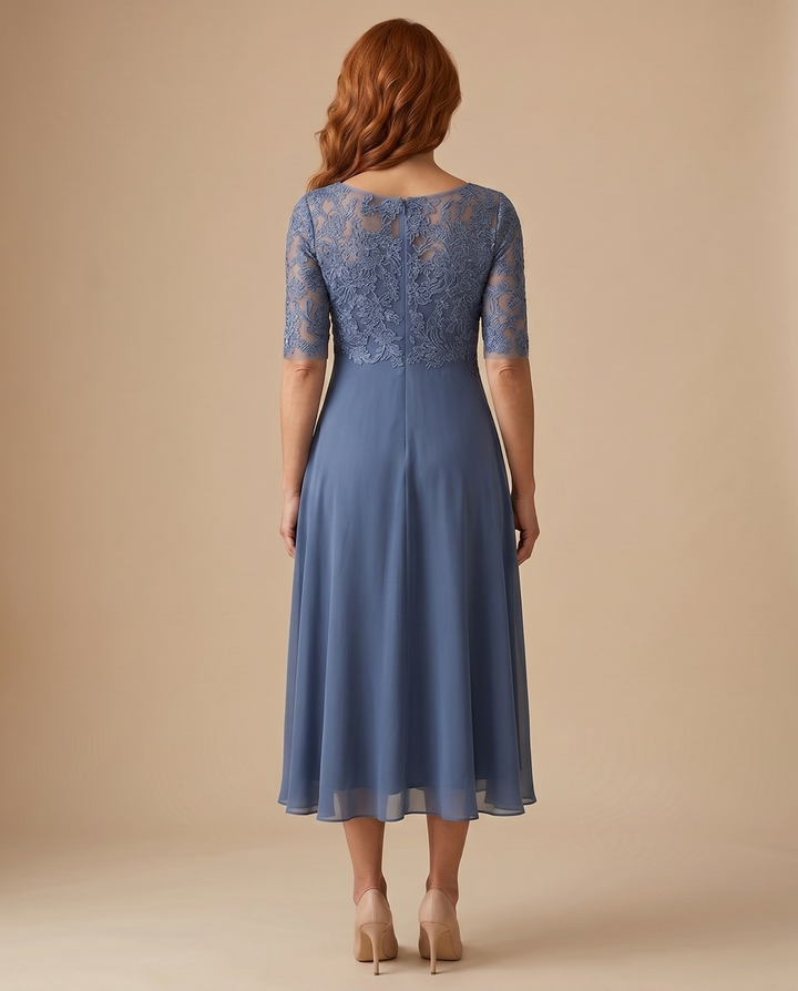 women's lace midi dress in blue, back