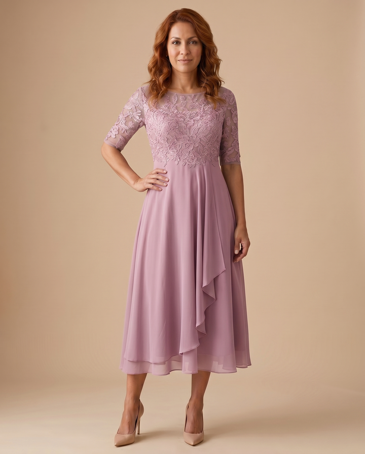 women's lace midi dress in pink, front