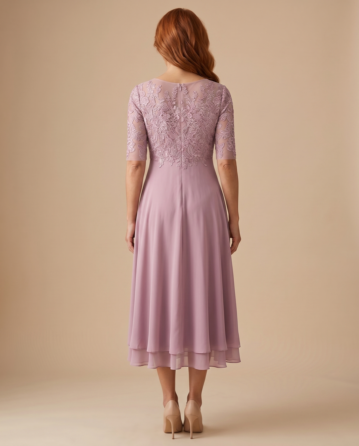 women's lace midi dress in pink, back