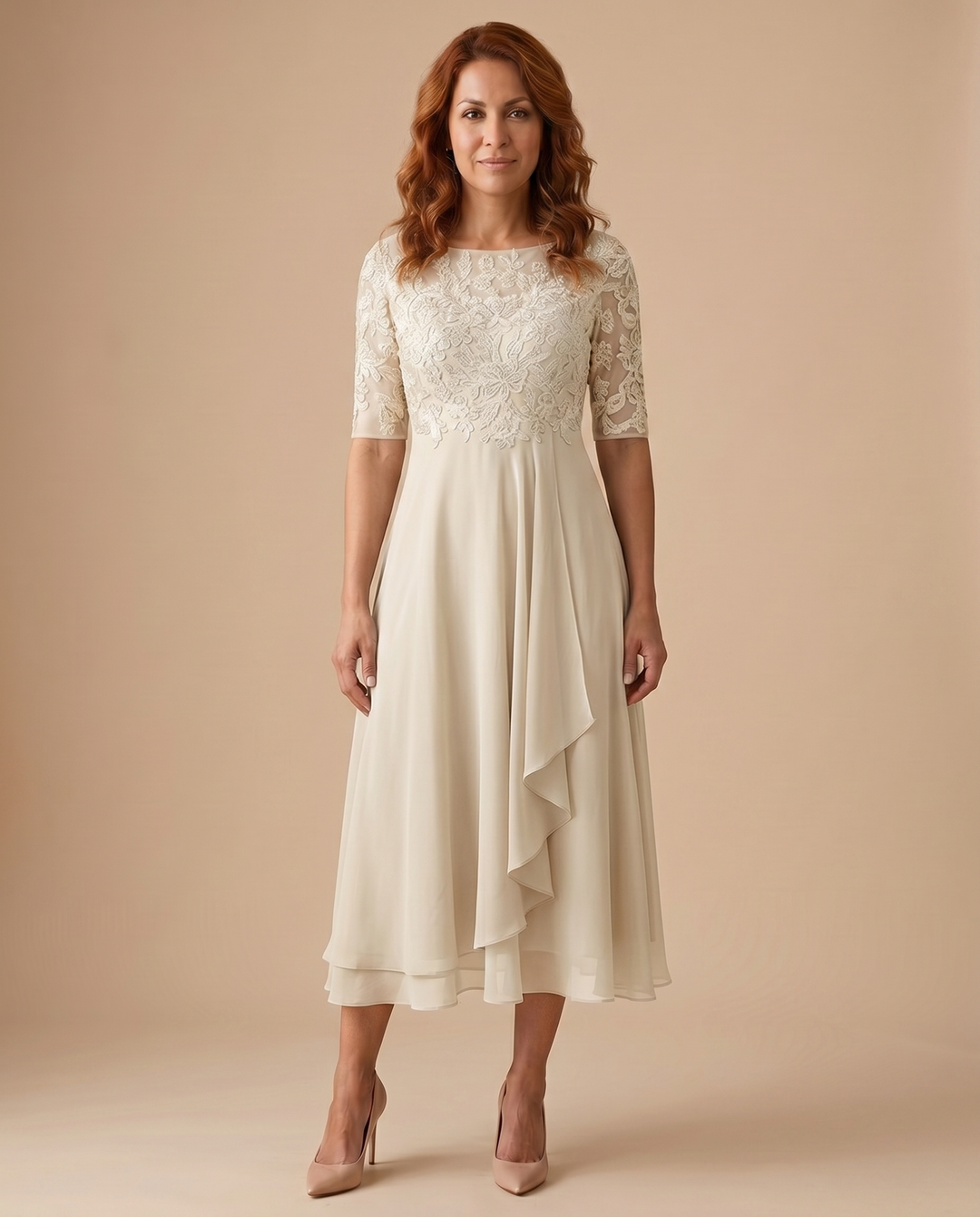women's lace midi dress in cream, front