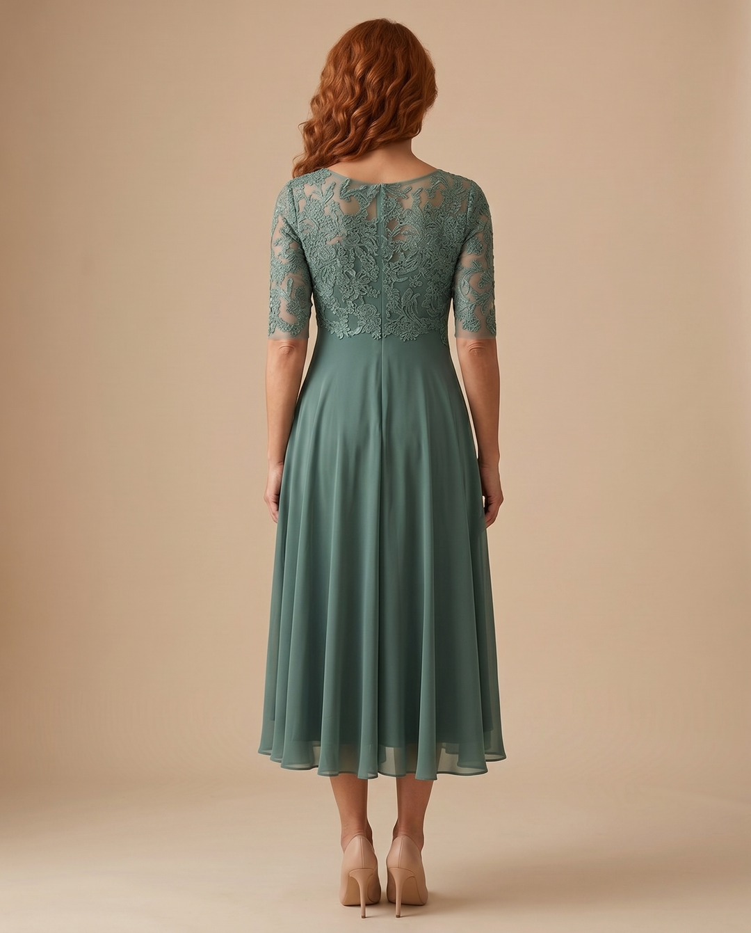 women's lace midi dress in green, back