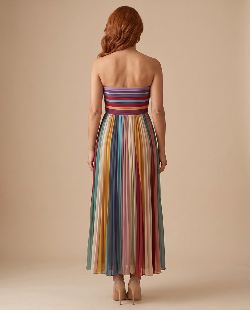 women's strapless pleated colorful maxi dress, back