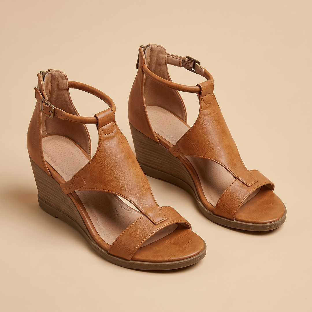 brown vegan leather wedge sandals, pair