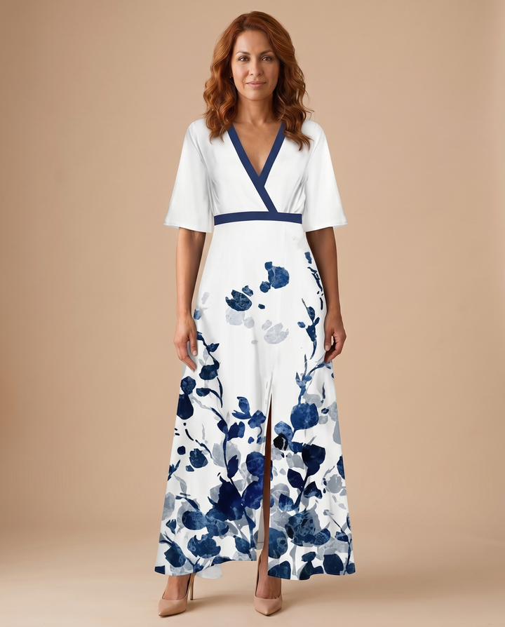 white floral print v-neck maxi dress, front