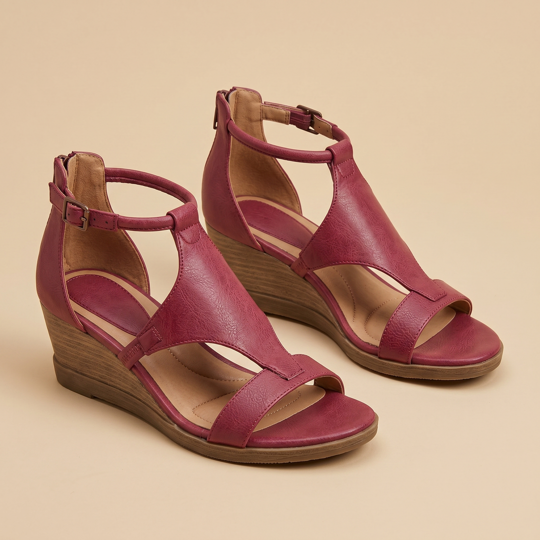 burgundy vegan leather wedge sandals, pair