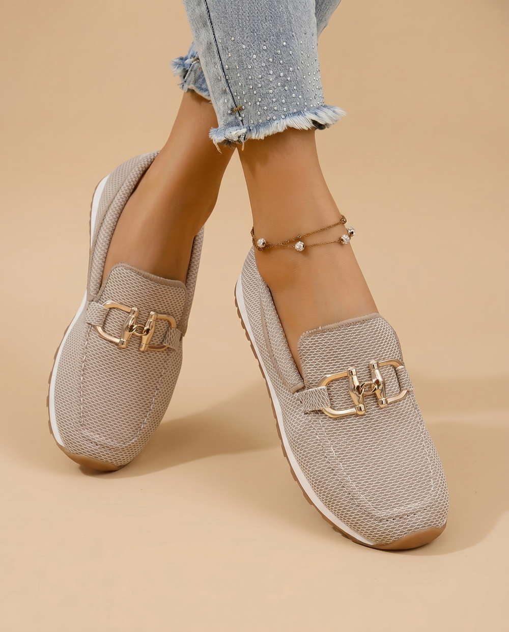 beige mesh sneaker loafers, on foot