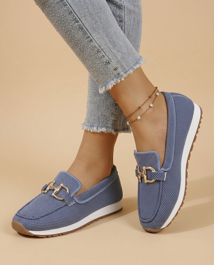 blue mesh sneaker loafers, on foot