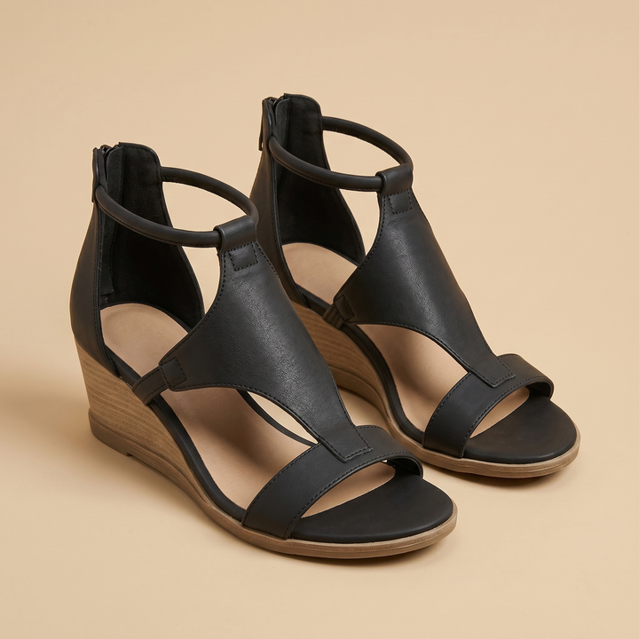 black vegan leather wedge sandals, pair