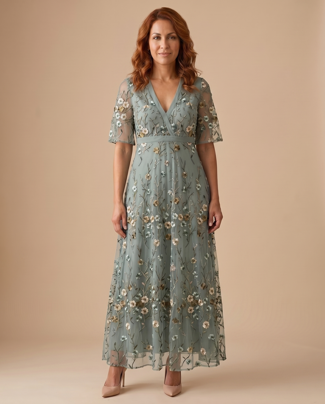 sage-green floral embroidered maxi dress, front