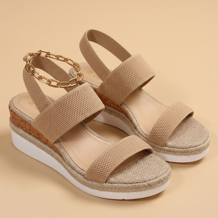 brown knit wedge sandals, pair