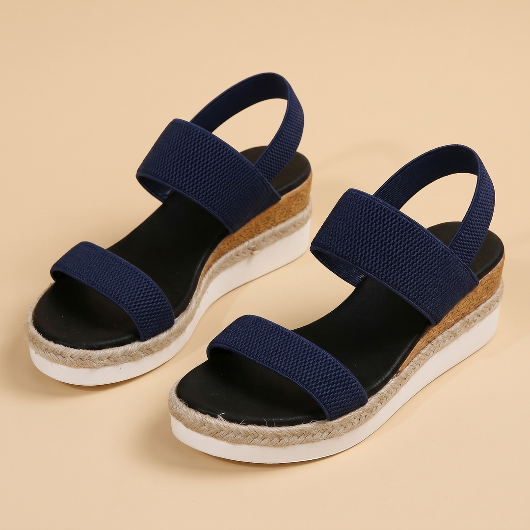 navy blue knit wedge sandals, pair