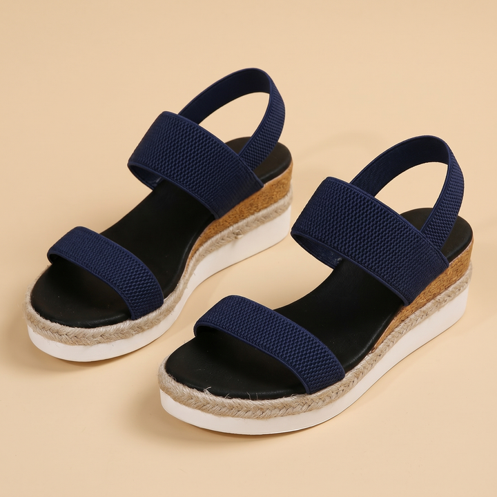 navy blue knit wedge sandals, pair