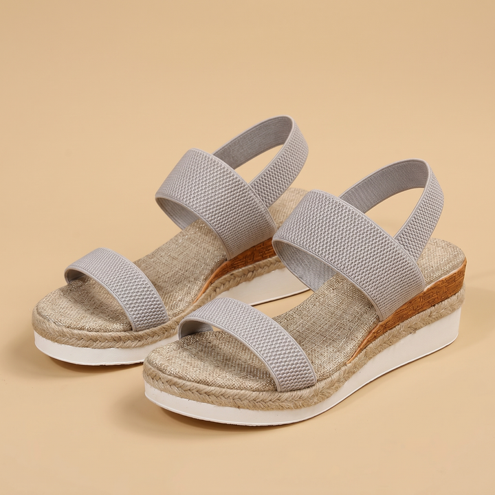 light gray knit wedge sandals, pair