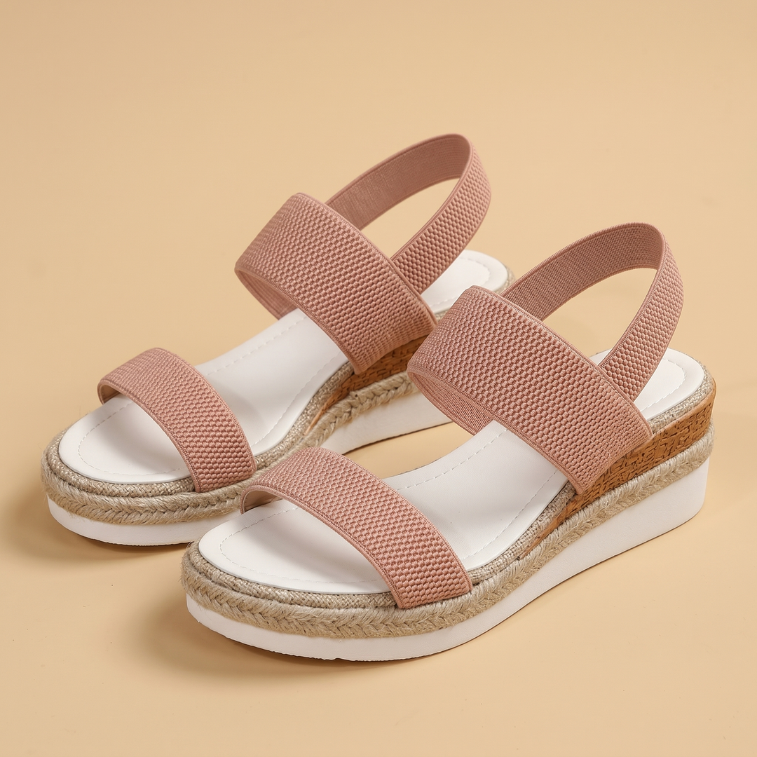 pink knit wedge sandals, pair