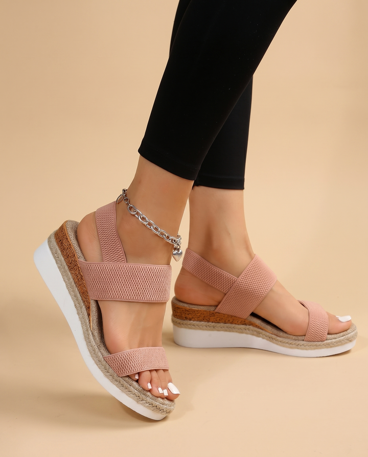 pink knit wedge sandals, on foot