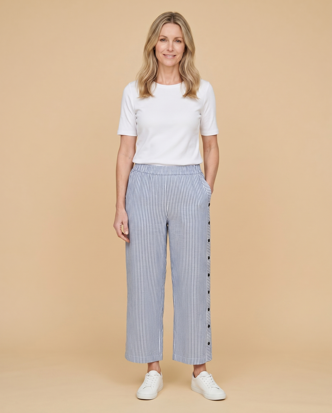 blue pinstripe wide-leg pants front