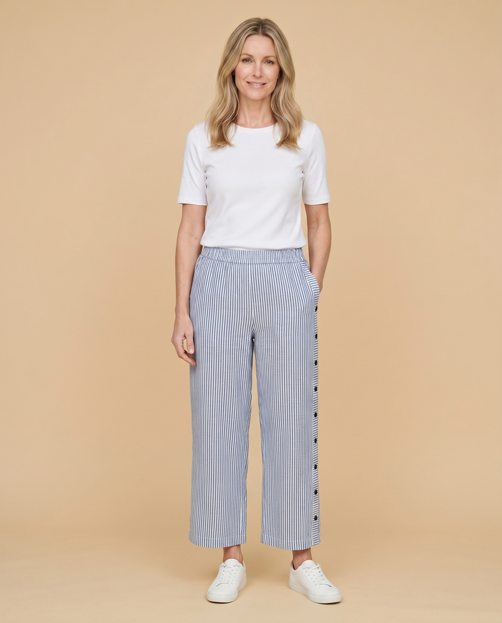 blue pinstripe wide-leg pants front