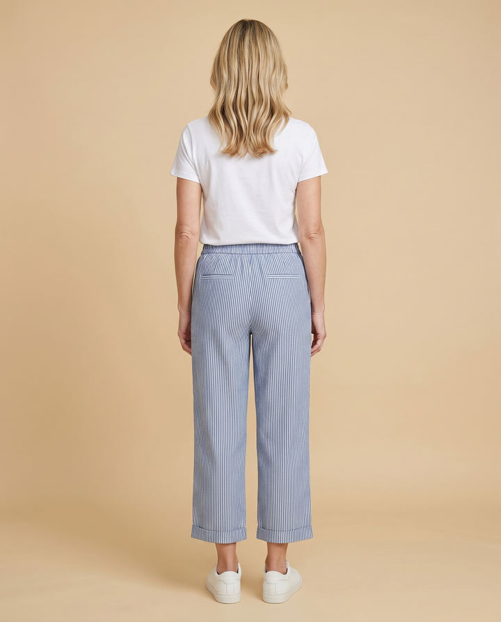 blue pinstripe wide-leg pants back