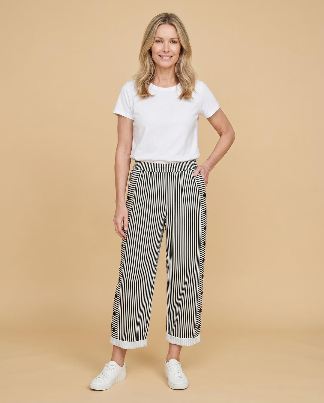 black pinstripe wide-leg pants front