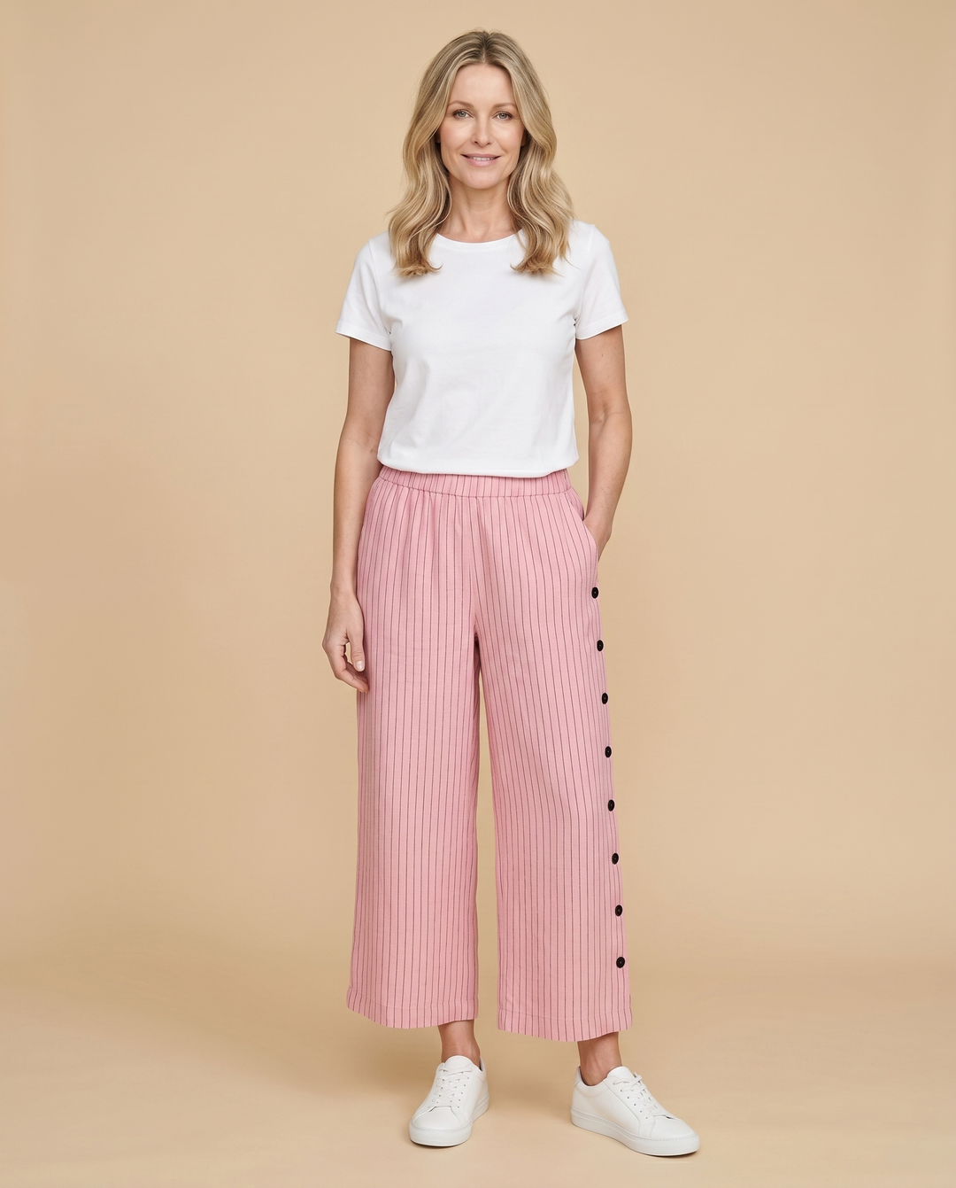 pink pinstripe wide-leg pants front