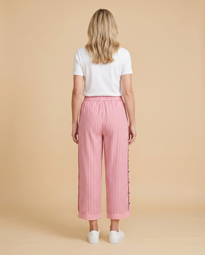 pink pinstripe wide-leg pants back