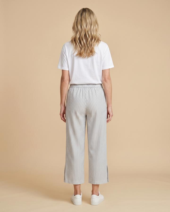 gray pinstripe wide-leg pants back
