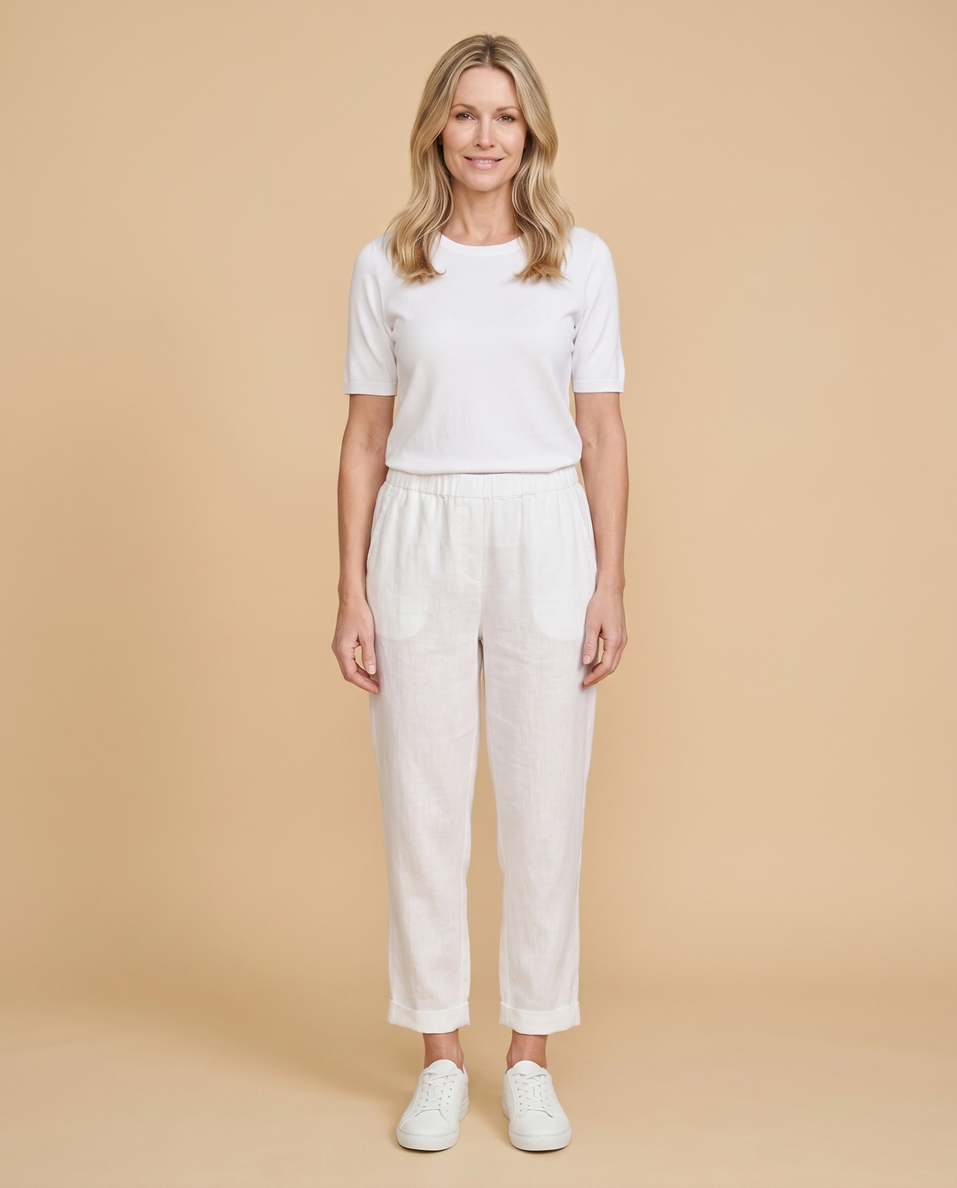 white linen tapered trousers front