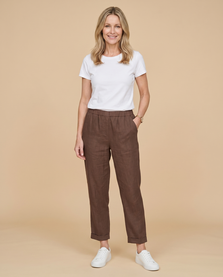 brown linen tapered trousers front