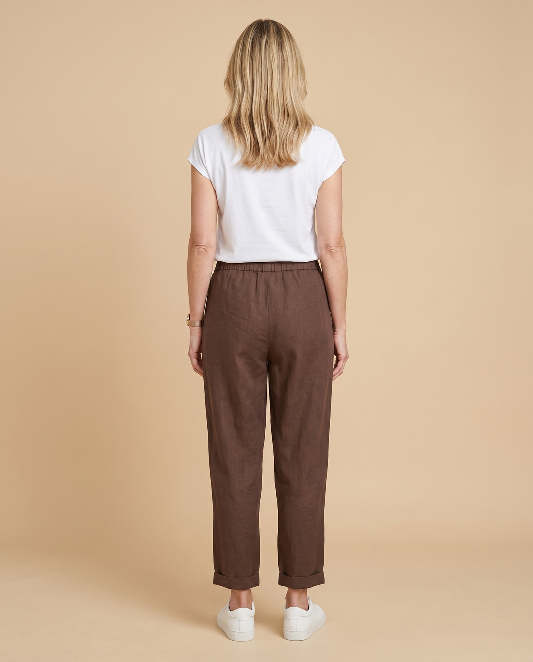 brown linen tapered trousers back