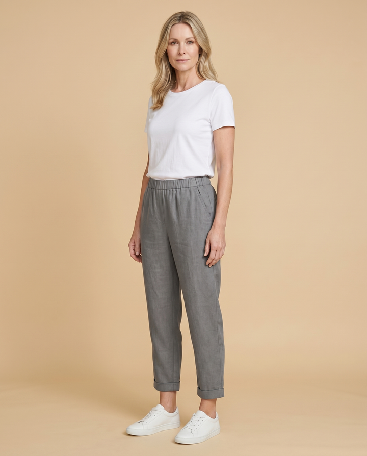 grey linen tapered trousers front