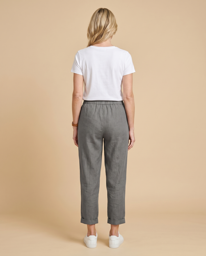 grey linen tapered trousers back