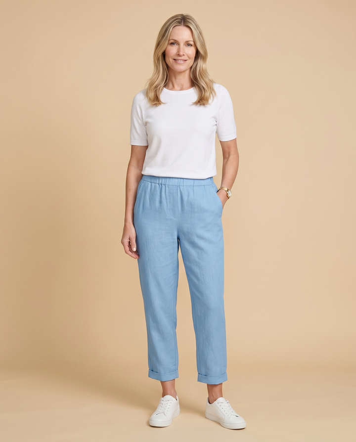blue linen tapered trousers front