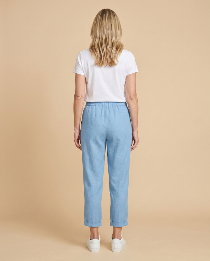 blue linen tapered trousers back