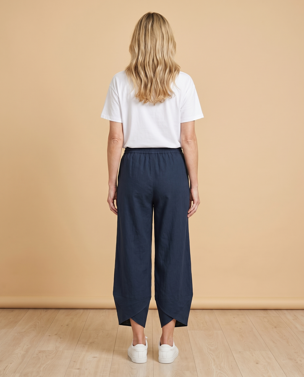 navy wide-leg petal-hem pants back