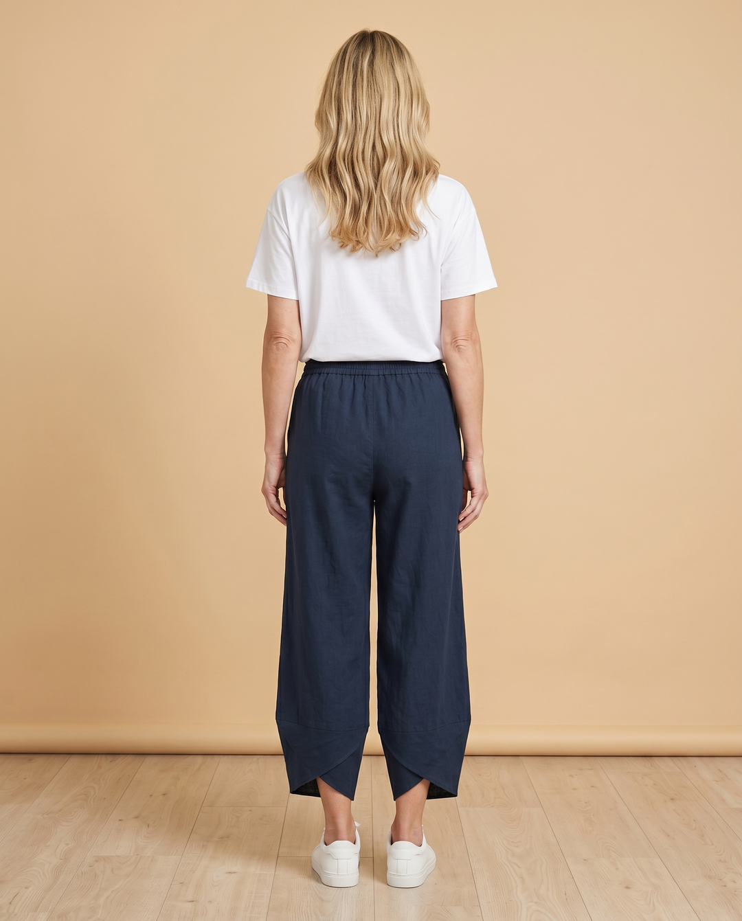 navy wide-leg petal-hem pants back