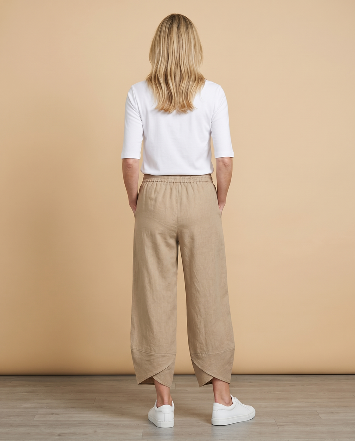 khaki wide-leg petal-hem pants back