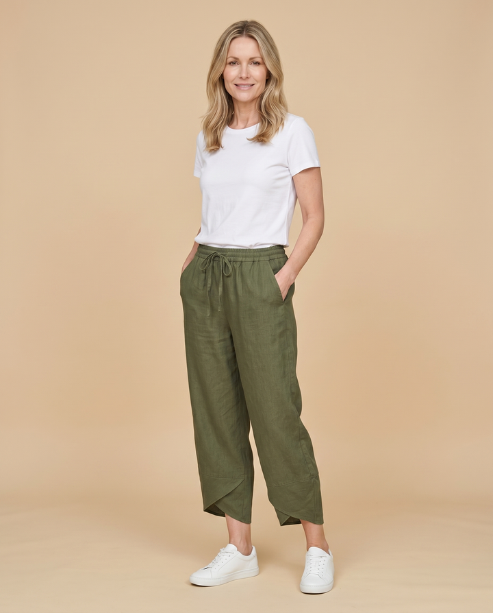 military green wide-leg petal-hem pants front