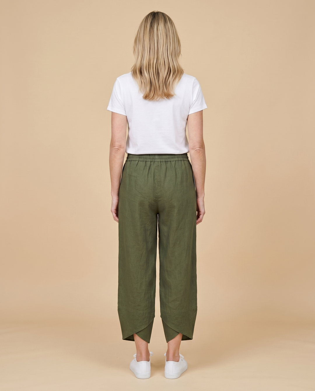 military green wide-leg petal-hem pants back