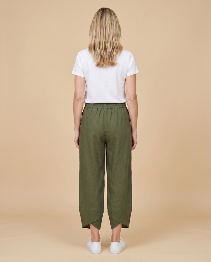 military green wide-leg petal-hem pants back