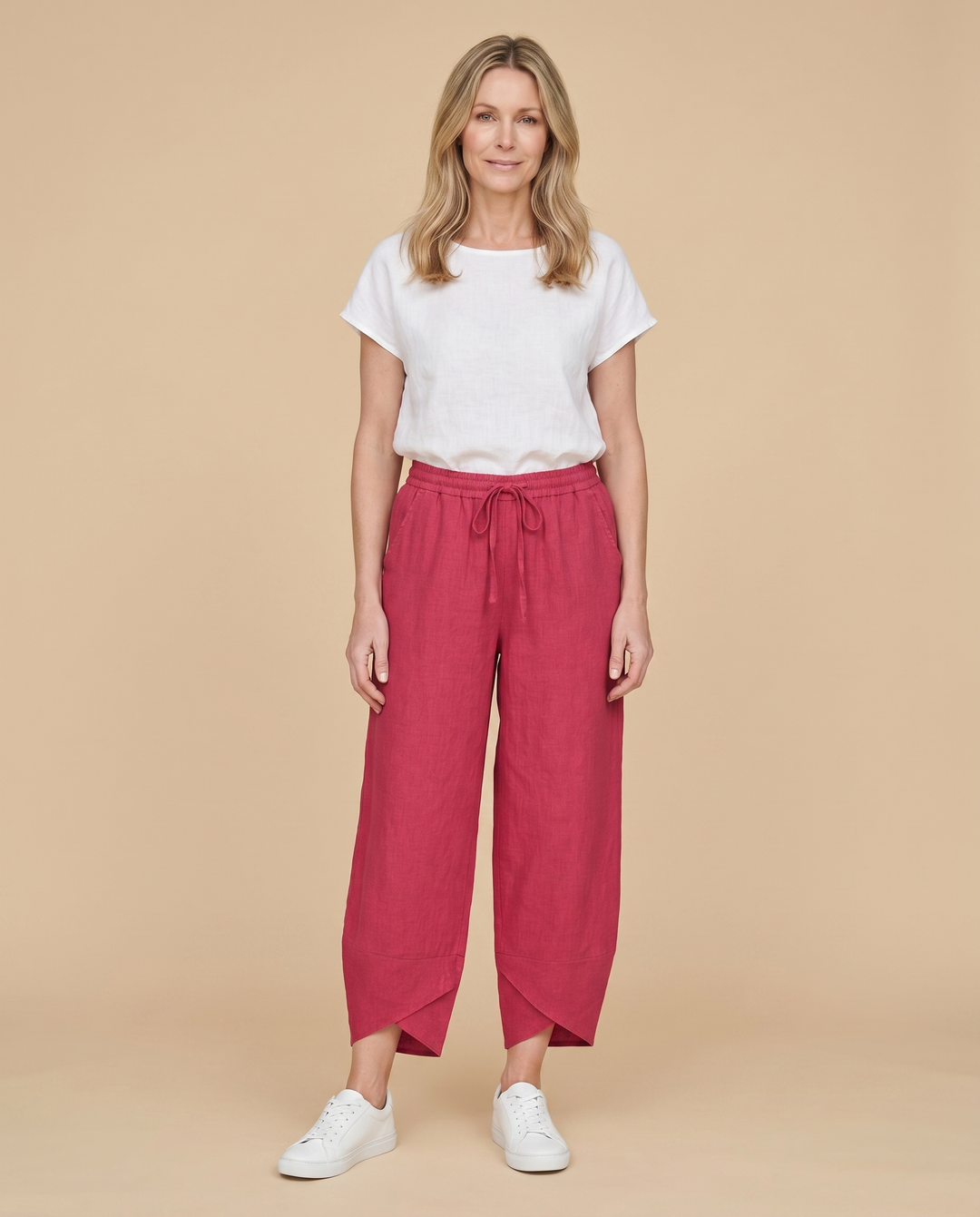 red wide-leg petal-hem pants front