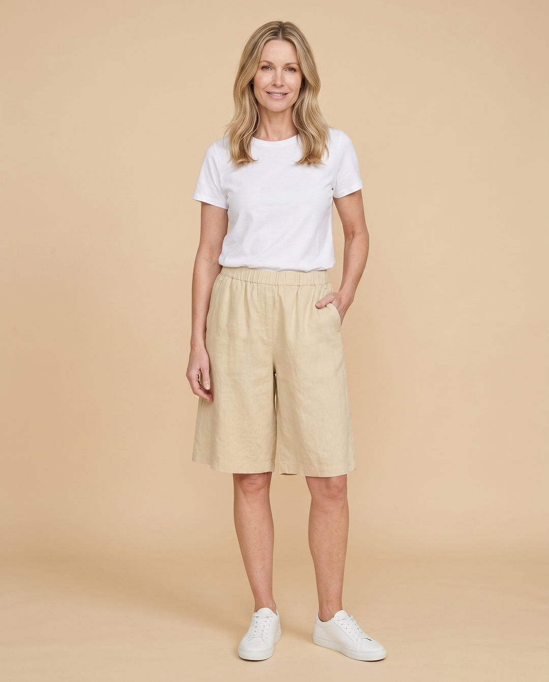 beige knee-length comfort shorts front