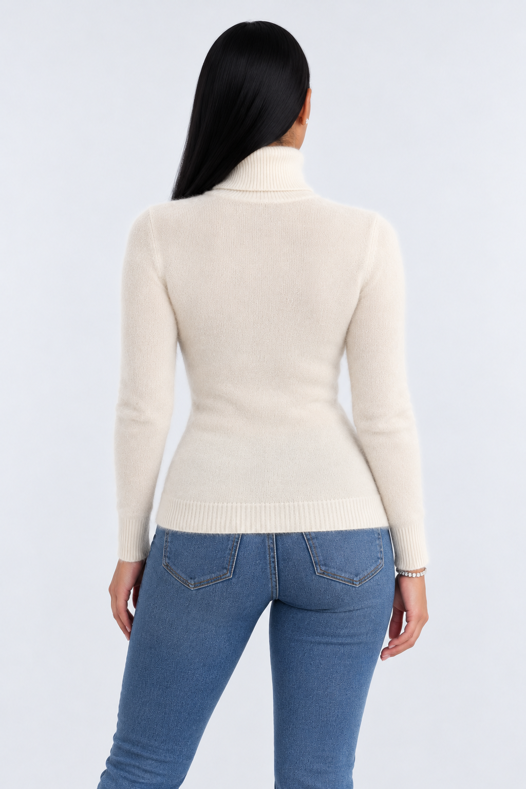 High Neck Knitted Sweater for Women - beige back - studio
