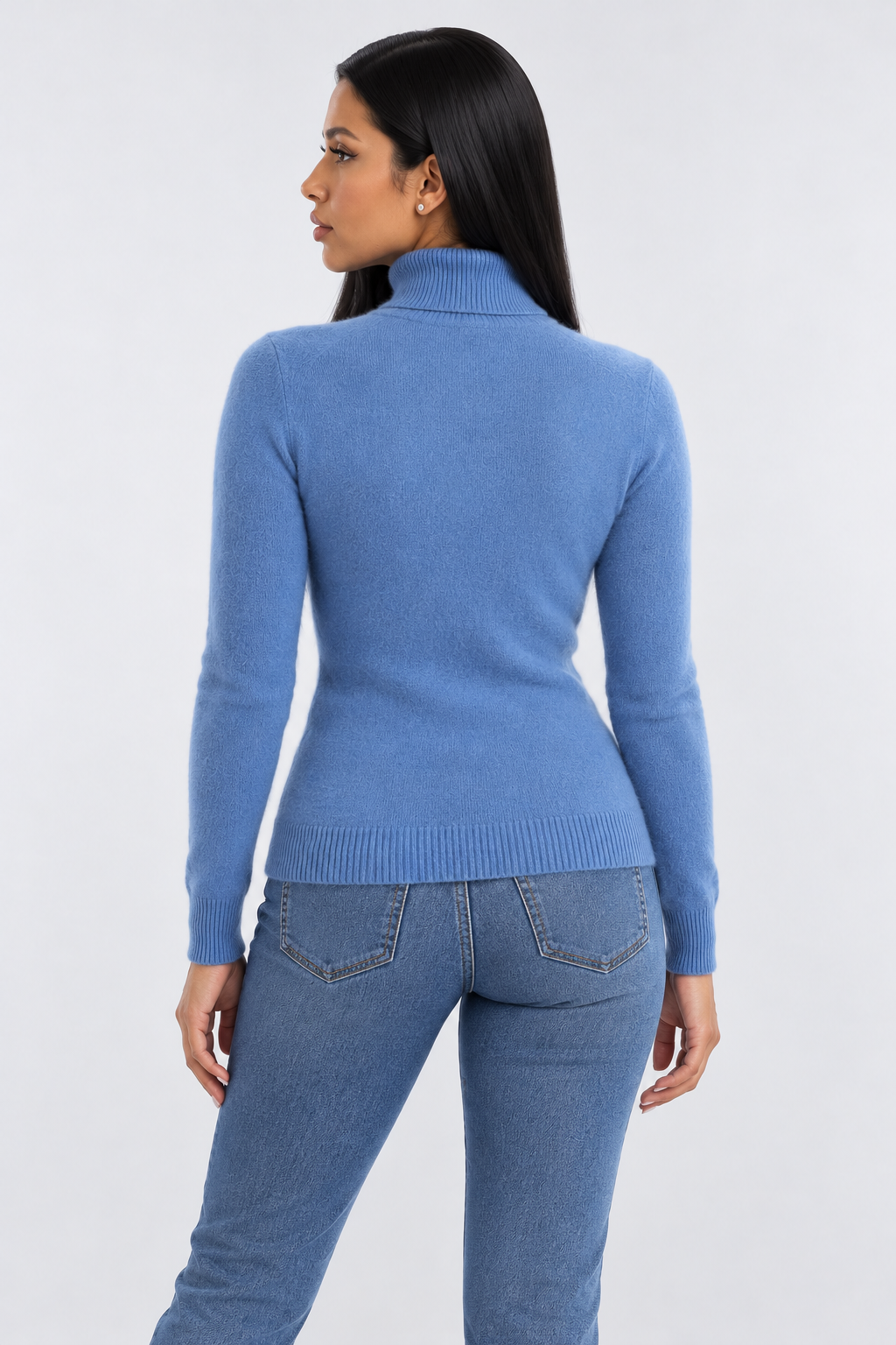 High Neck Knitted Sweater for Women - blue back - studio