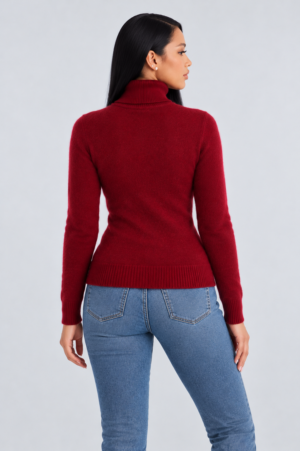 High Neck Knitted Sweater for Women - burgundy back - studio