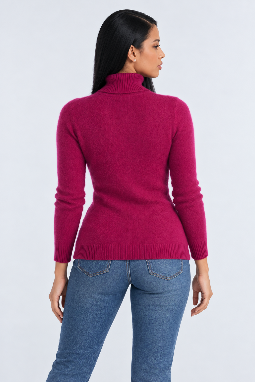 High Neck Knitted Sweater for Women - fuchsia back - studio