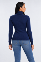 High Neck Knitted Sweater for Women - navy blue back - studio