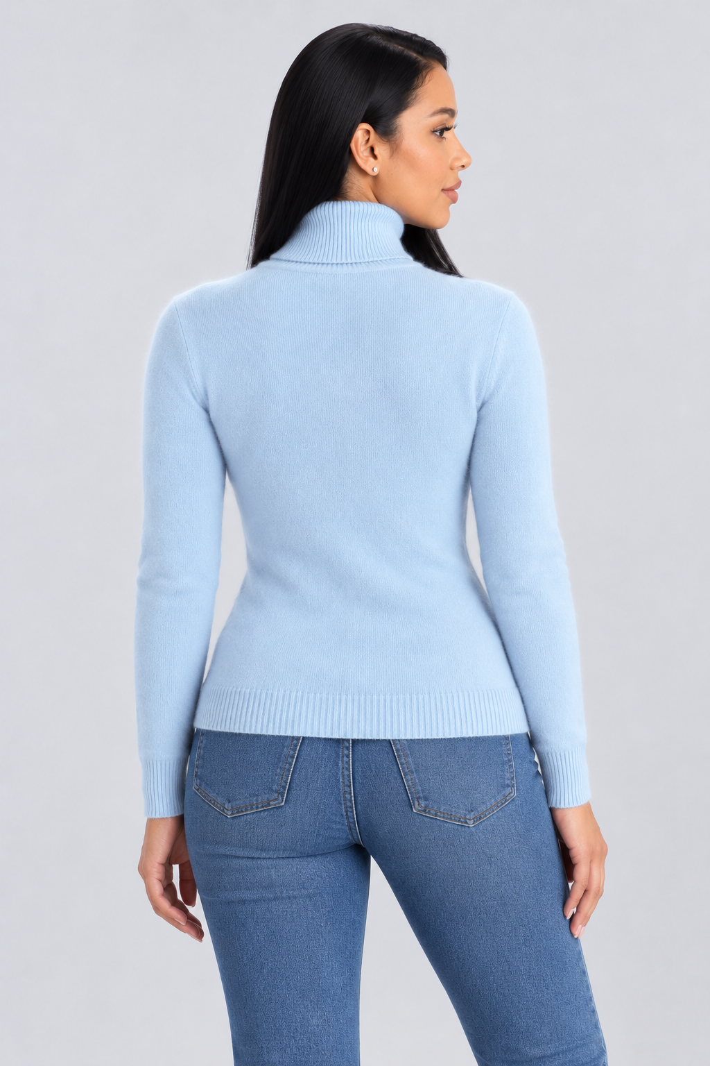 High Neck Knitted Sweater for Women - sky blue back - studio