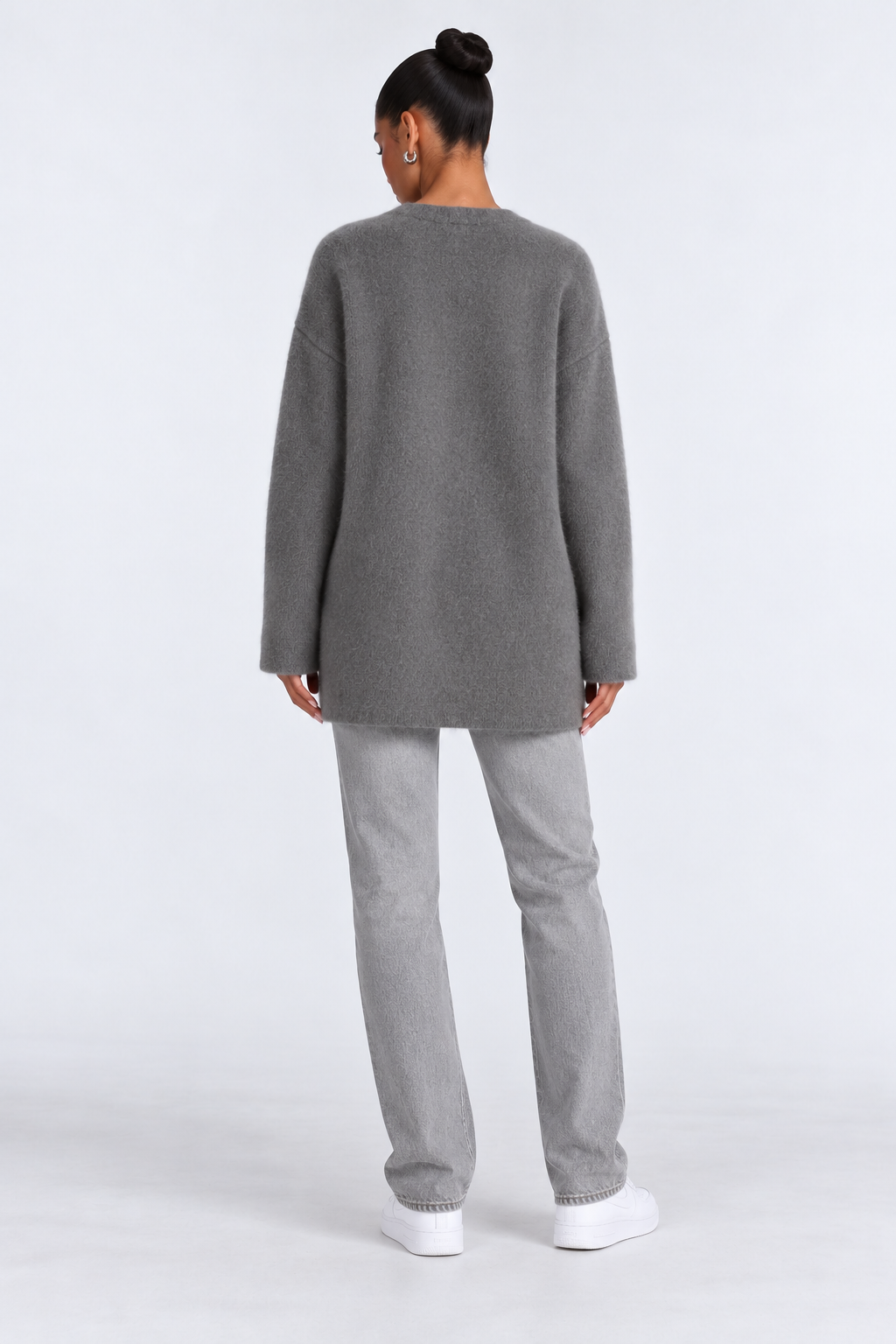 Elegant knitted cardigan — gray-back studio view