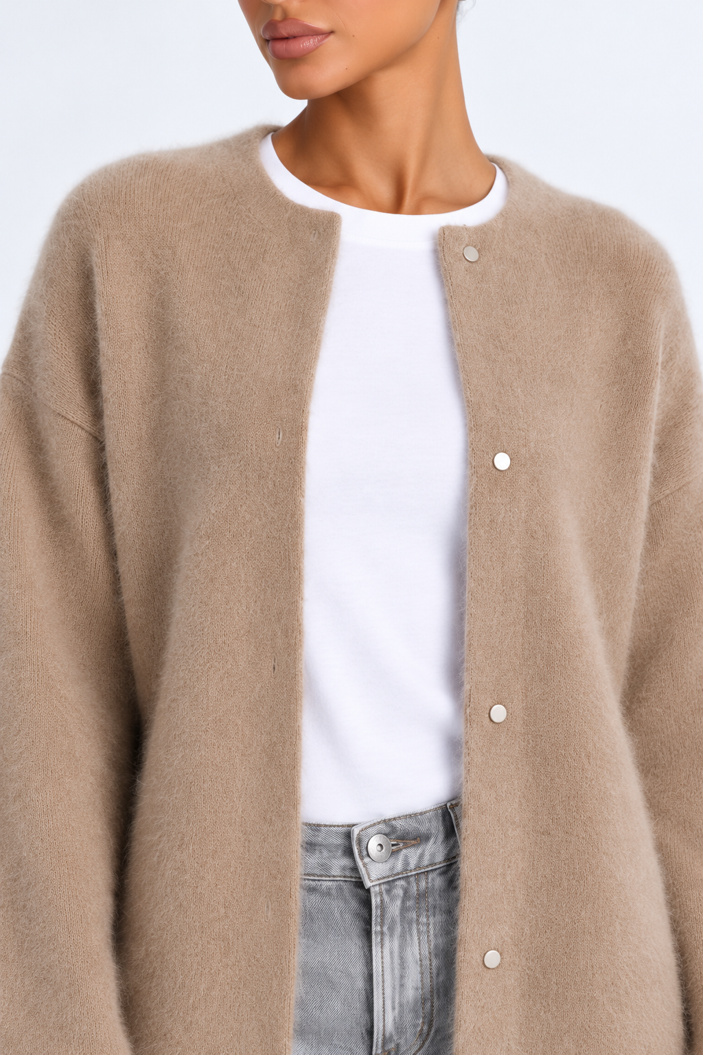 Elegant knitted cardigan — khaki-detail studio view